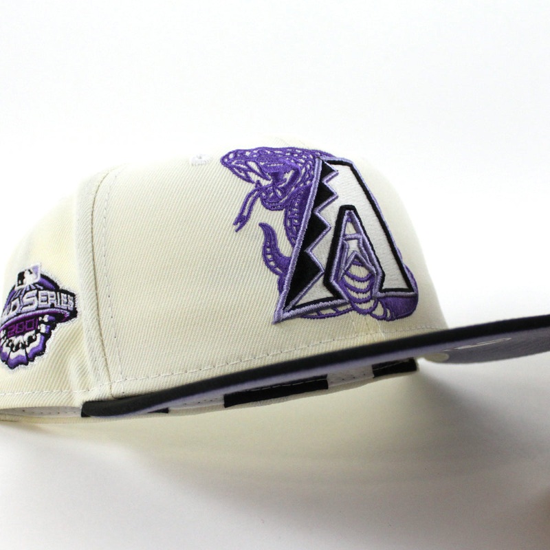 Arizona Diamondbacks 2001 World Series New Era 59Fifty Fitted Hat (GITD Chrome White Black Lavender Under Brim) 7