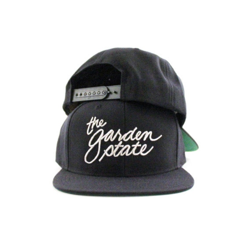 The Garden State Script Snapback Hats (Navy Green Under Brim) One Size
