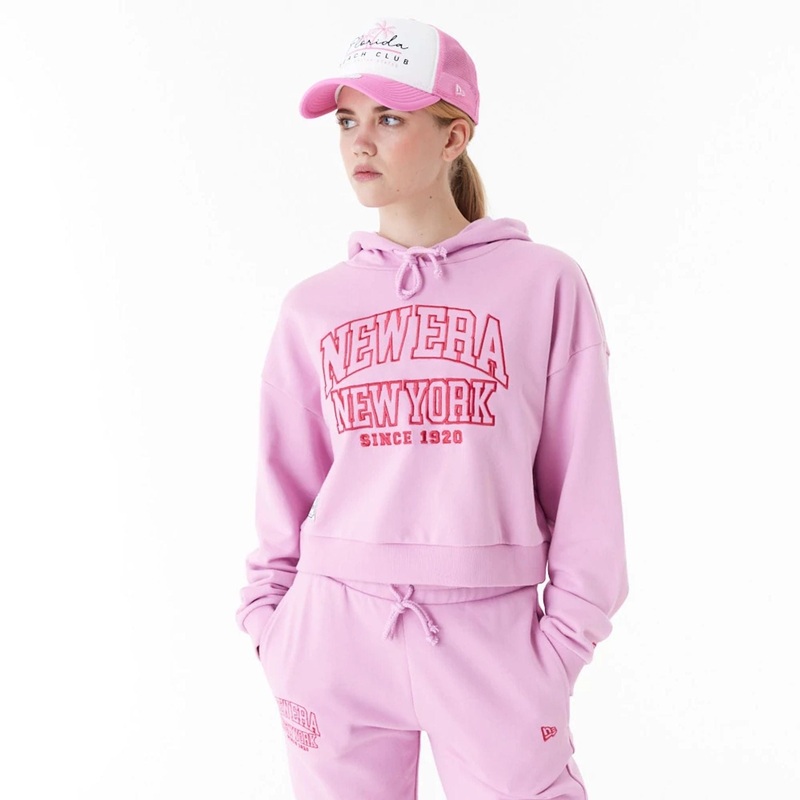 New Era Womens Arch Wordmark Pink Crop Pullover Hoodie XS