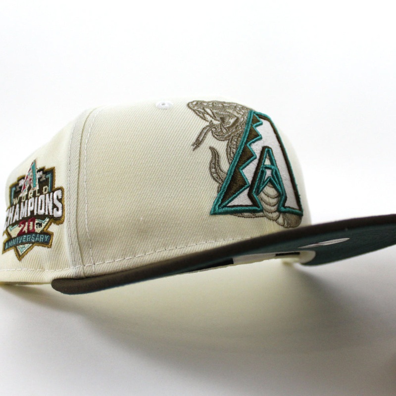 Arizona Diamondbacks WORLD CHAMPIONS 20TH ANNIVERSARY New Era 59Fifty Fitted Hat (GITD CHROME WHITE WALNUT PINE NEEDLE GREEN Under Brim) 7