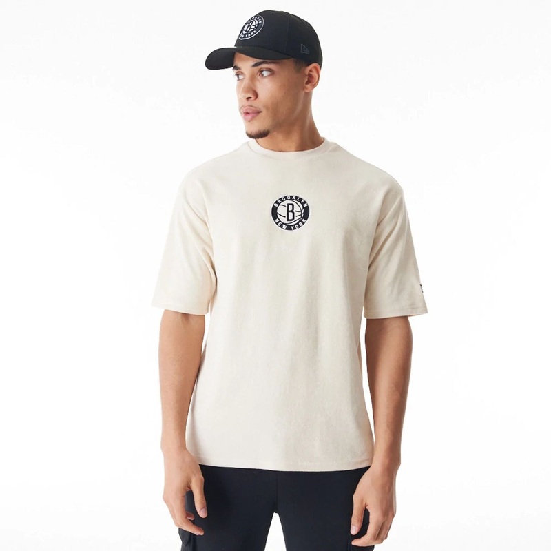 Brooklyn Nets NBA Lifestyle Velour Light Beige Oversized T-Shirt XS