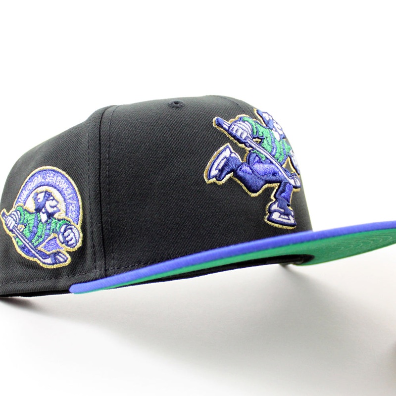 ABBOTSFORD CANUCKS AMERICAN HOCKEY LEAGUE Inaugural Season Patch New Era 59Fifty Fitted Hat (Black Majestic Blue Green Under Brim) 6 7/8