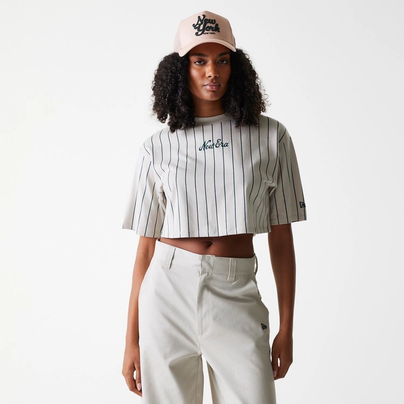 Womens New Era Pinstripe Light Beige Crop T-Shirt XS