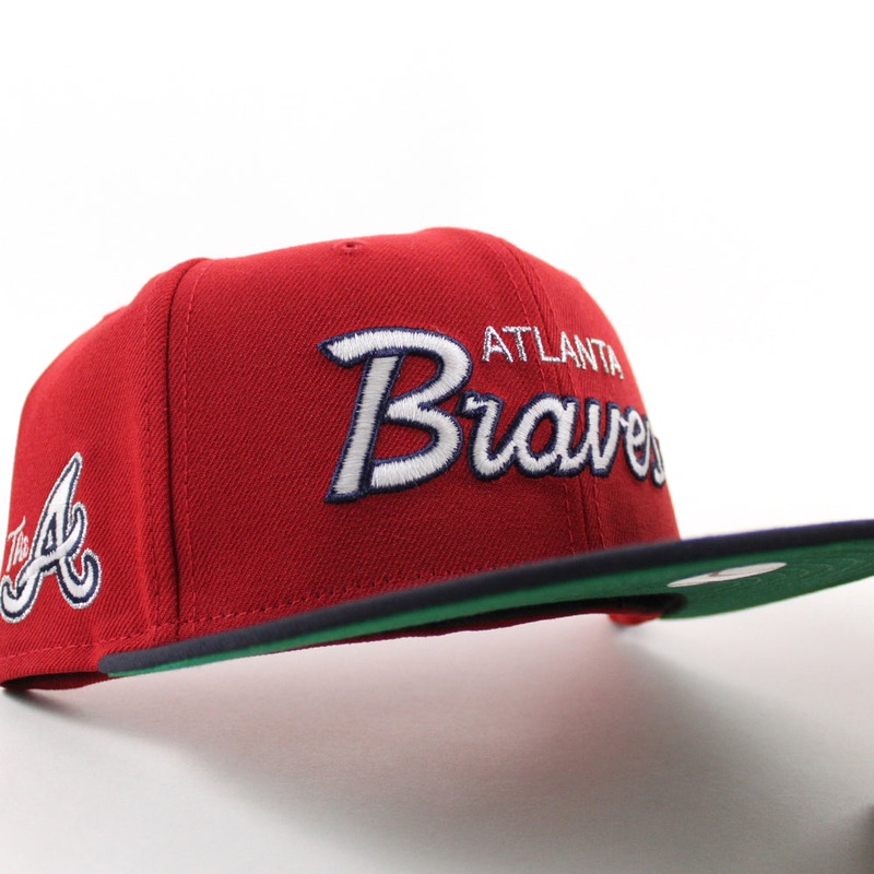Atlanta Braves “The A” Patch New Era 59Fifty Fitted Hat (Scarlet Red Navy Green Under Brim) 6 7/8