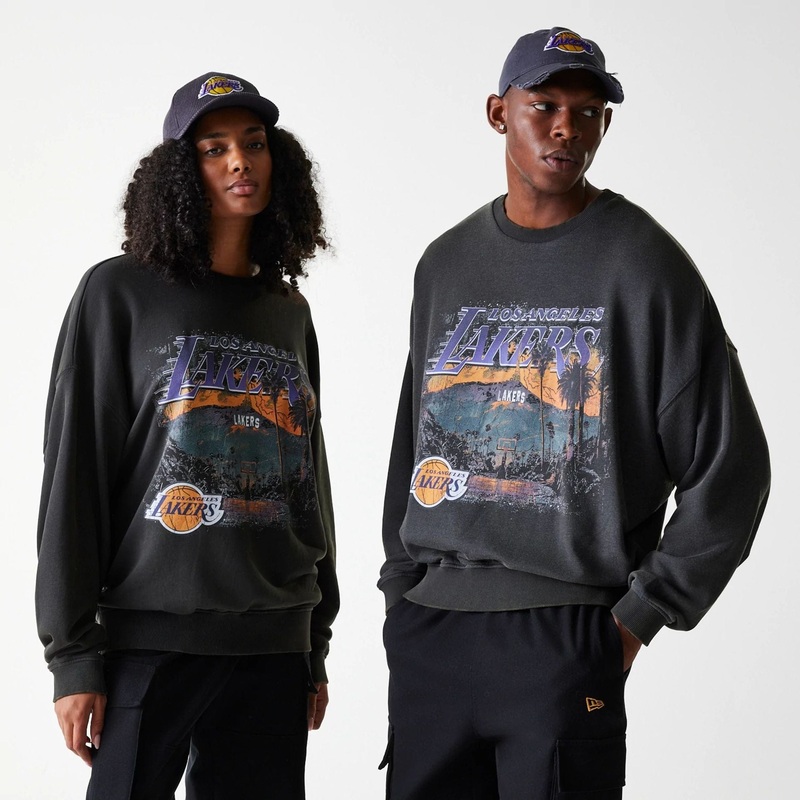 LA Lakers NBA Washed Graphic Grey Oversized Crew Neck Sweater XS