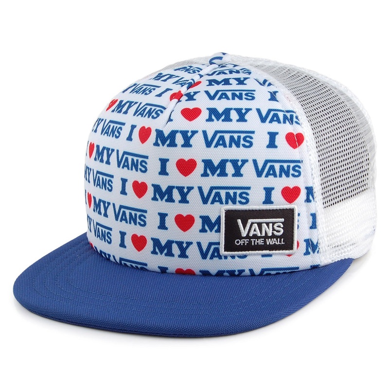 Vans Womens Beach Bound I Love My Vans Trucker Cap – White-Blue Adjustable