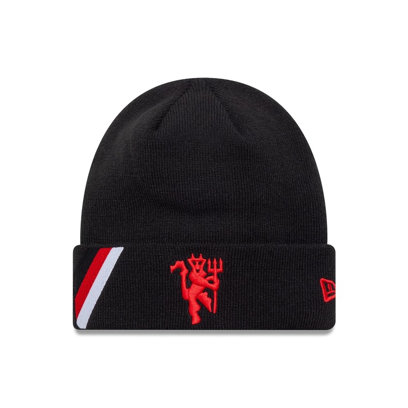 Manchester United FC Side Stripe Black Cuff Knit Beanie Hat OSFM