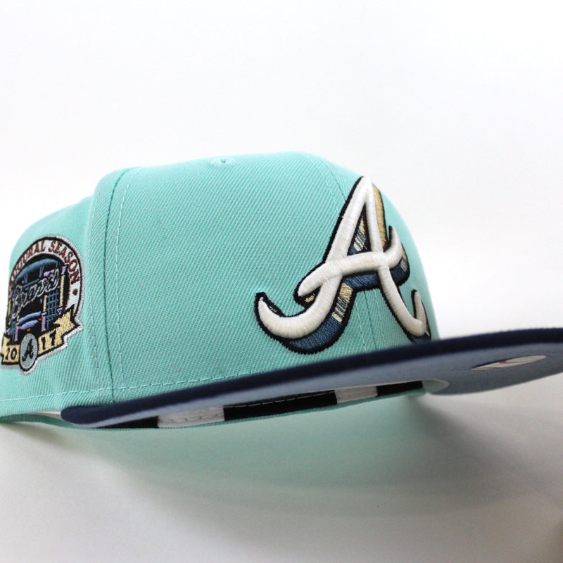 Atlanta Braves 2017 INAUG New Era 59Fifty Fitted Hat (Glow in the Dark BLUE TINT OCEANSIDE BLUE BIRDSEYE BLUE Under Brim) 7