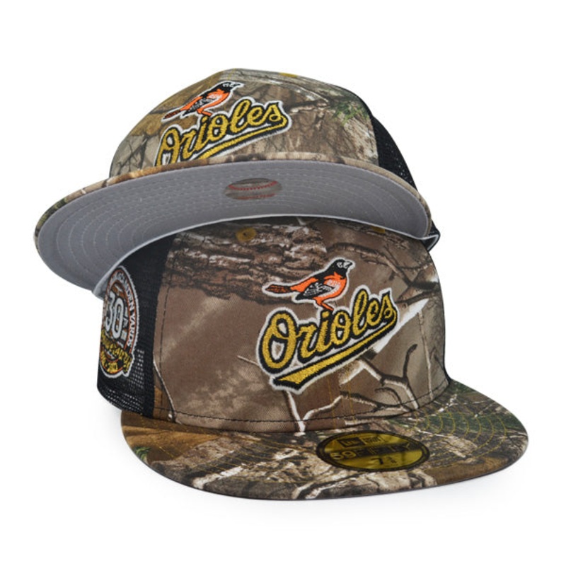 Baltimore Orioles 30th ANNIVERSARY Trucker Exclusive New Era 59Fifty Fitted Hat – Real Tree Camo/Mesh 6 7/8