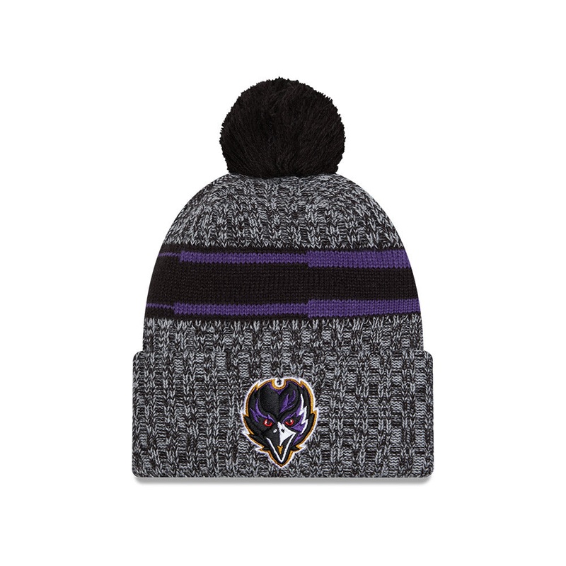 Baltimore Ravens New Era 2023 NFL Sideline Sport Cuffed Pom Knit Hat – Black/Purple