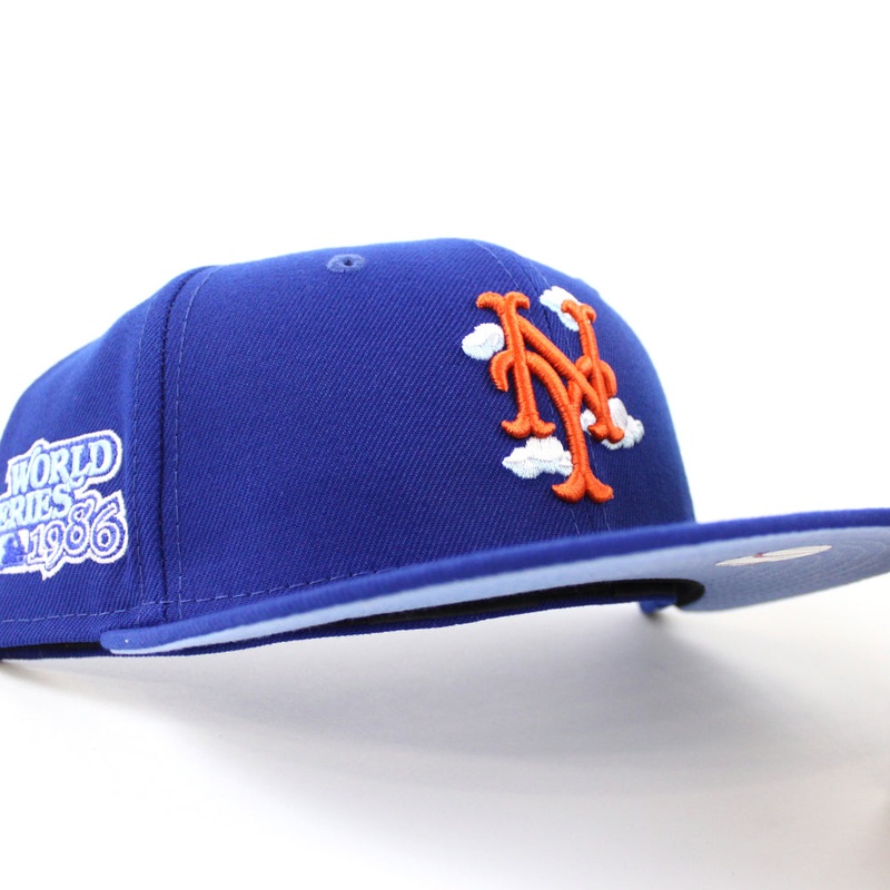 New York Mets COMIC CLOUD 1986 World Series New Era 59Fifty Fitted Hat (Team Color Sky Blue UnderBrim) 7 1/8
