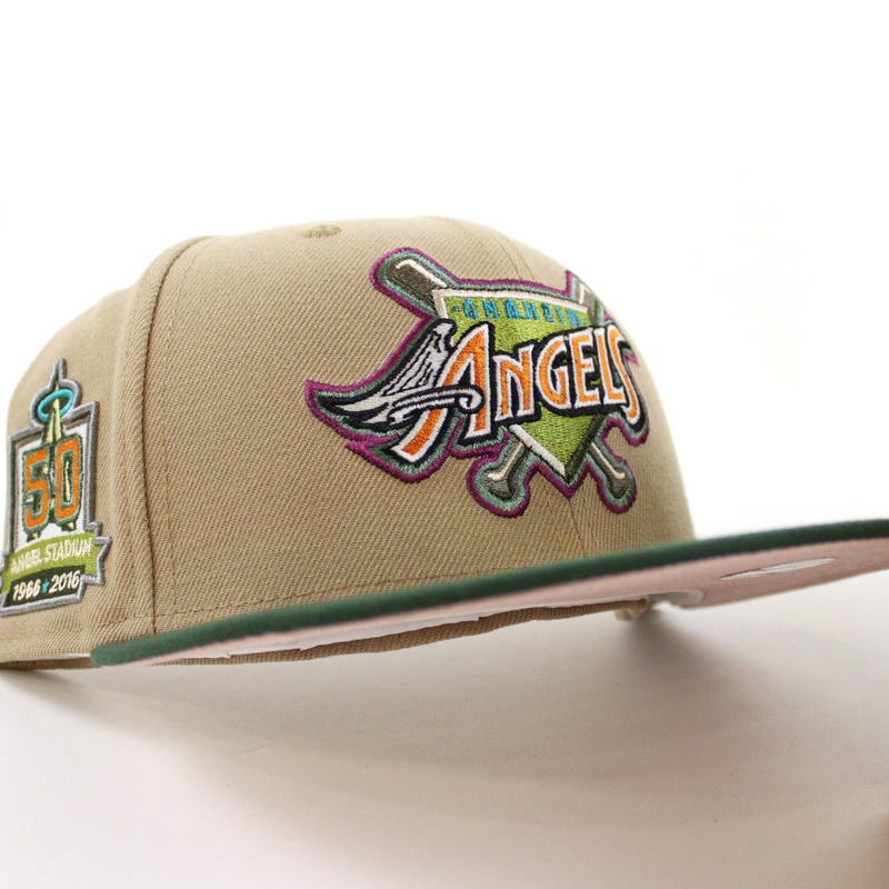 Anaheim Angels 50 ANGEL STADIUM New Era 59Fifty Fitted Hat (GITD CAMEL MOUNTAIN PINE GREEN PINK ROUGE Under Brim) 7