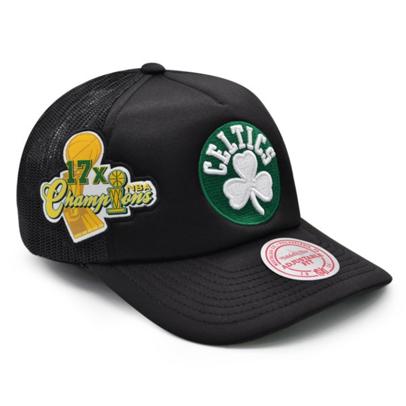 Boston Celtics Mitchell & Ness 17x NBA CHAMPIONS TRUCKER Mesh Snapback Hat- Black/Green