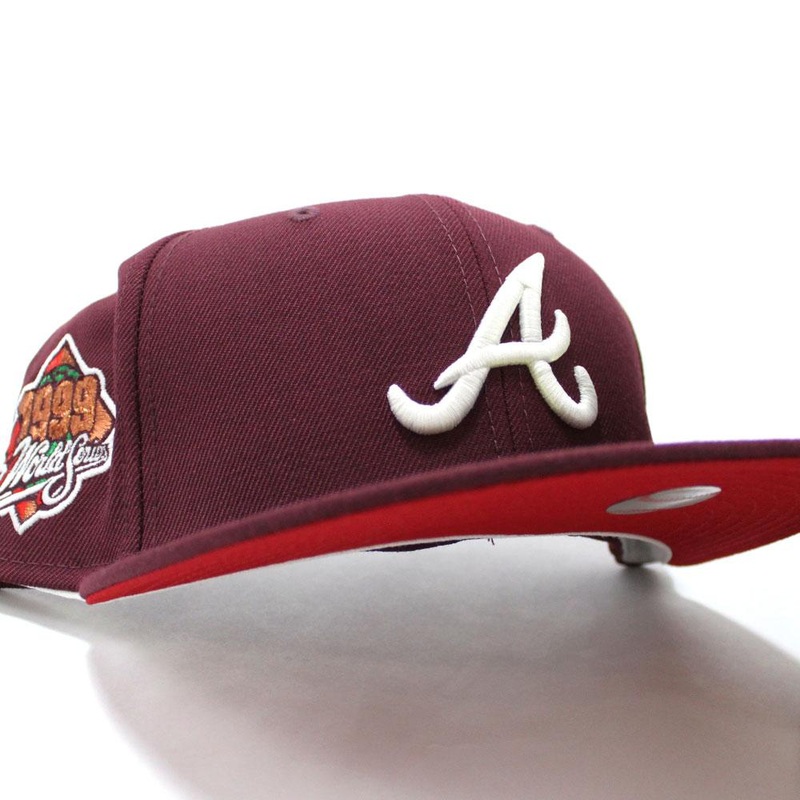 Atlanta Braves 1999 World Series New Era 59Fifty Fitted Hat V2 (Glow in the Dark Maroon Red Under Brim) 7