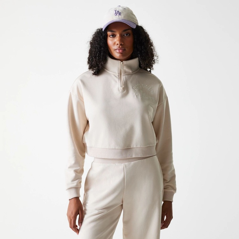 LA Dodgers Womens MLB Tonal Light Beige Cropped 1/4 Zip Sweater XS