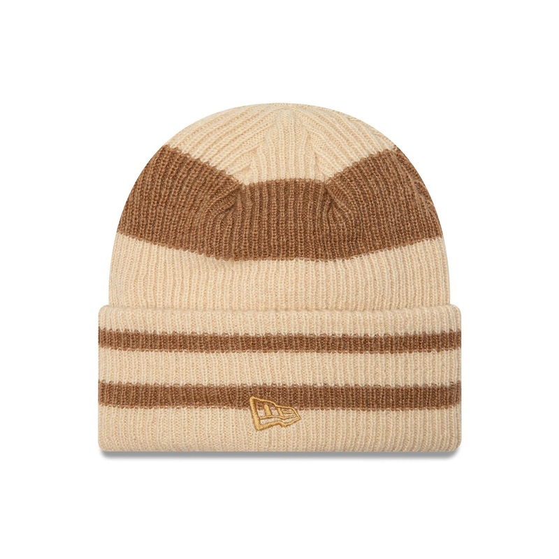 Womens New Era Stripe Beige Cuff Knit Beanie Hat OSFM