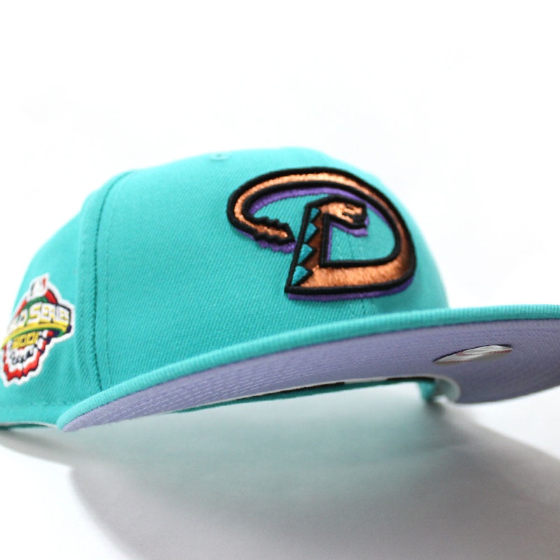 Arizona Diamondbacks 2001 World Series New Era 59Fifty Fitted Hat (Glow in the Dark Logo Teal Lavender Under Brim) 7