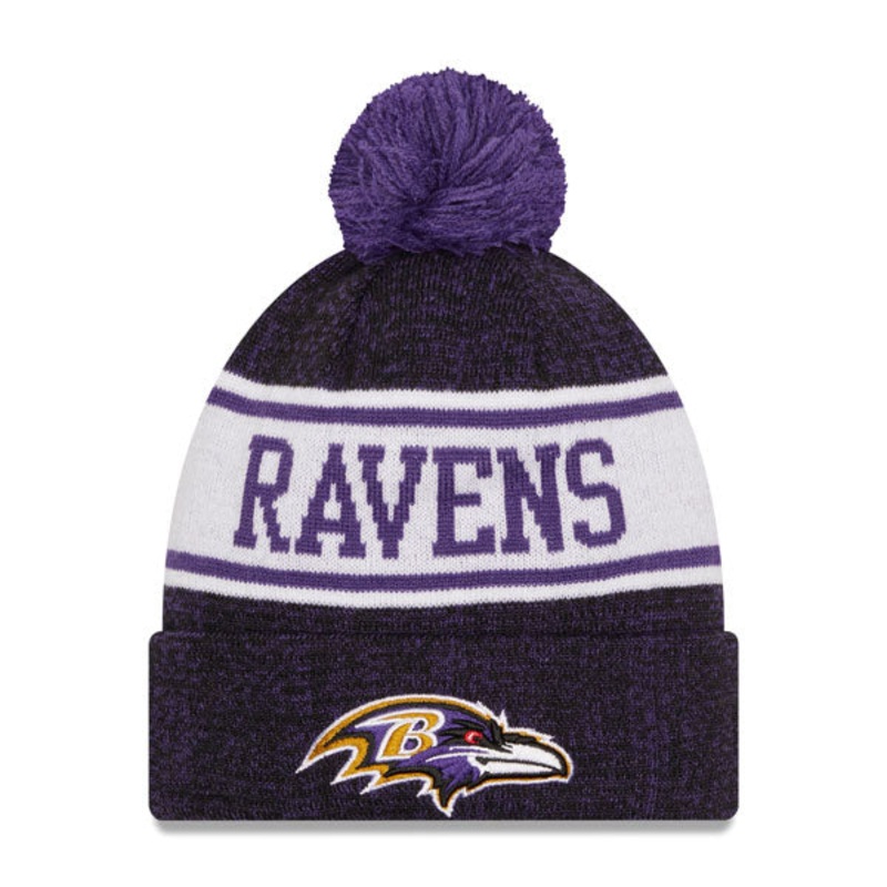 Baltimore Ravens New Era NFL Banner Cuffed Knit Hat with Pom – Black/Purple