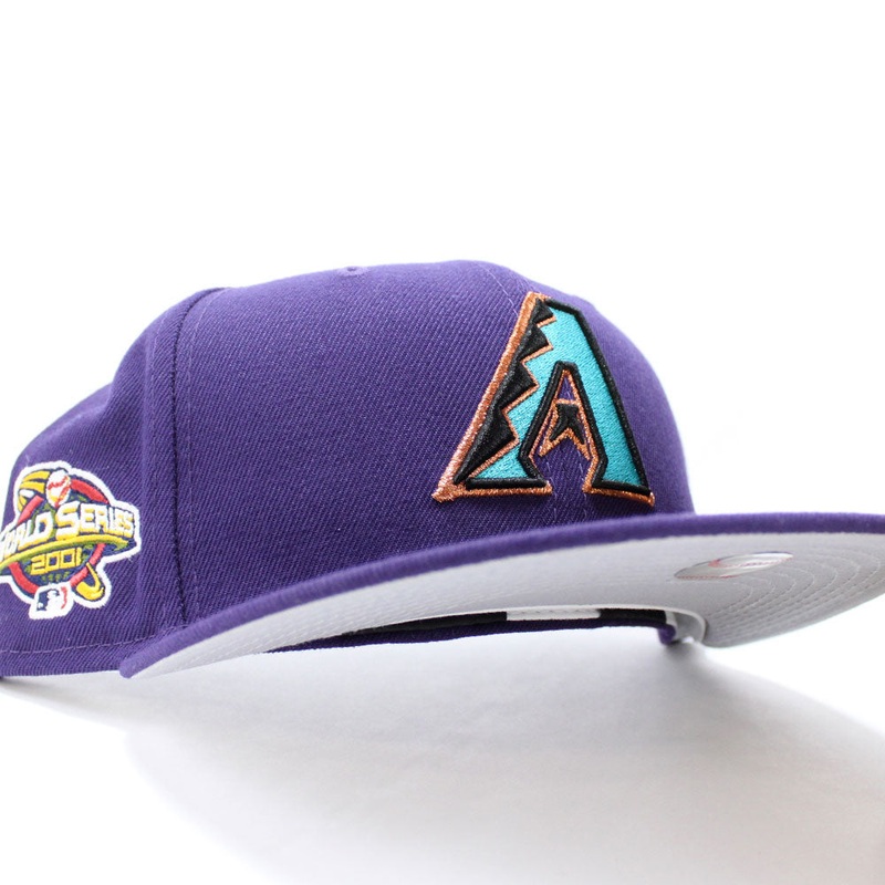 Arizona Diamondbacks 2001 World Series New Era 59Fifty Fitted Hat (Glow in the Dark Patch Purple Gray Under Brim) 7