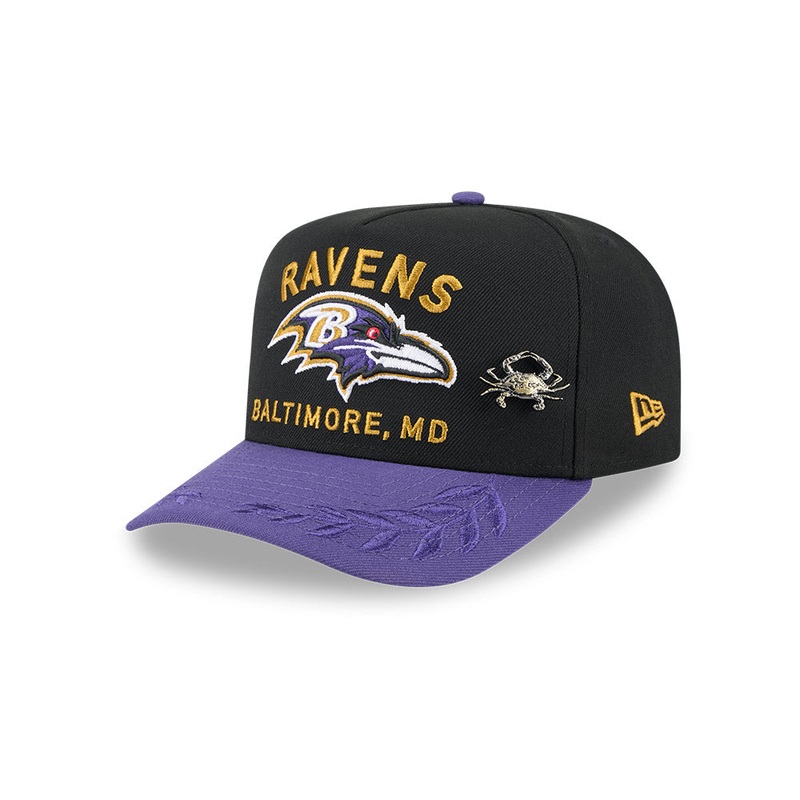 Baltimore Ravens New Era 2025 NFL Draft On Stage A-Frame 59FIFTY Fitted Hat – Black/Purple 6 7/8