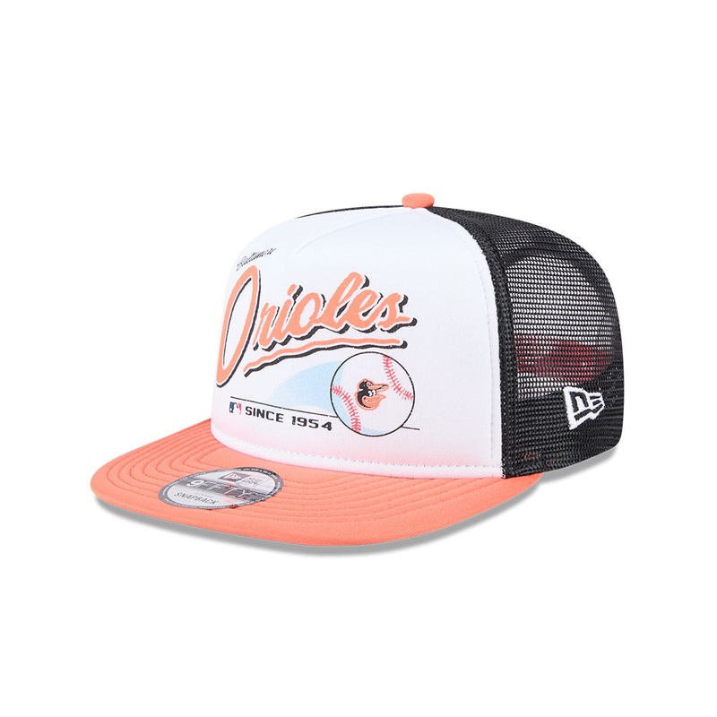 Baltimore Orioles New Era RETRO SCRIPT 9Fifty A-Frame Mesh Trucker Snapback Hat – Black/Orange