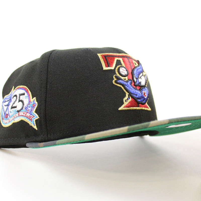 Toronto Blue Jays 25th ANNIVERSARY New Era 59Fifty Fitted Hat (Black WoodLand Camo Green Under Brim) 7