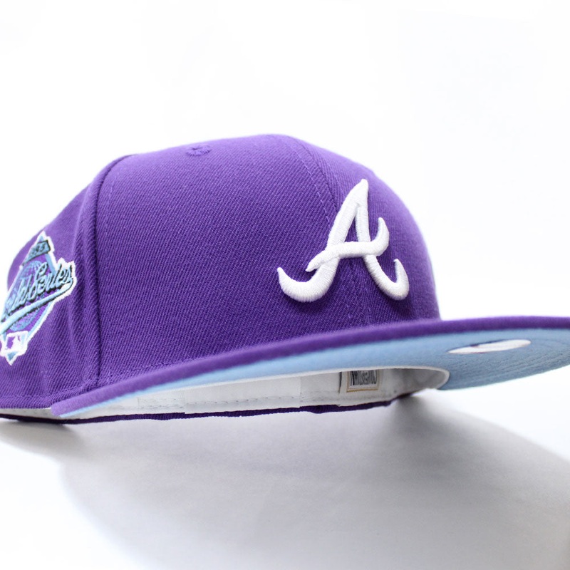 Atlanta Braves 1995 World Series New Era 59Fifty Fitted Hat (Light Purple Sky Blue Under Brim) 7
