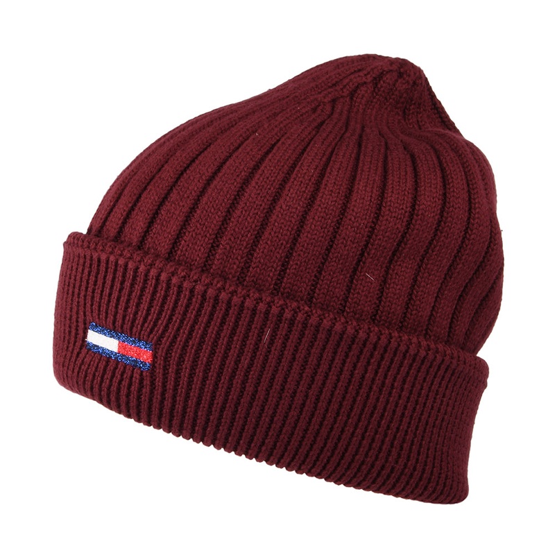 Tommy Hilfiger Hats TJW Flag Ribbed Beanie Hat – Burgundy 1-Size