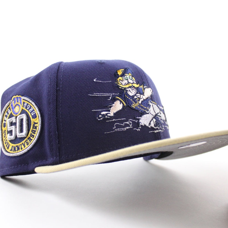 Milwaukee Brewers Bernie Brewer 50th Golden Anniversary New Era 59Fifty Fitted Hat (Light Navy Vegas Gold Gray Under Brim) 6 7/8