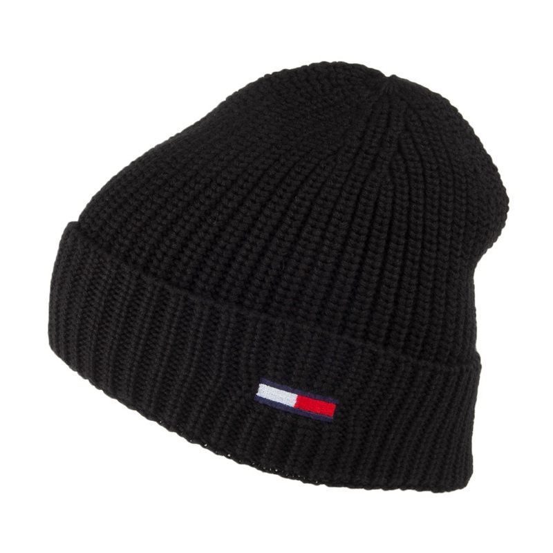 Tommy Hilfiger Hats TJM Flag Ribbed Beanie Hat – Black 1-Size