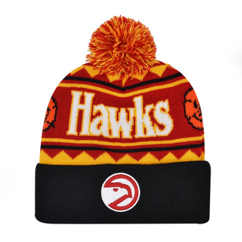 Atlanta Hawks Mitchell & Ness ISLAND Cuffed Pom Beanie Knit NBA Hat – Red/Yellow/Black