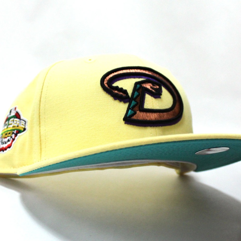 Arizona Diamondbacks 2001 World Series New Era 59Fifty Fitted Hat (D Logo Soft Yellow Glow in the Dark Teal Under Brim) 7